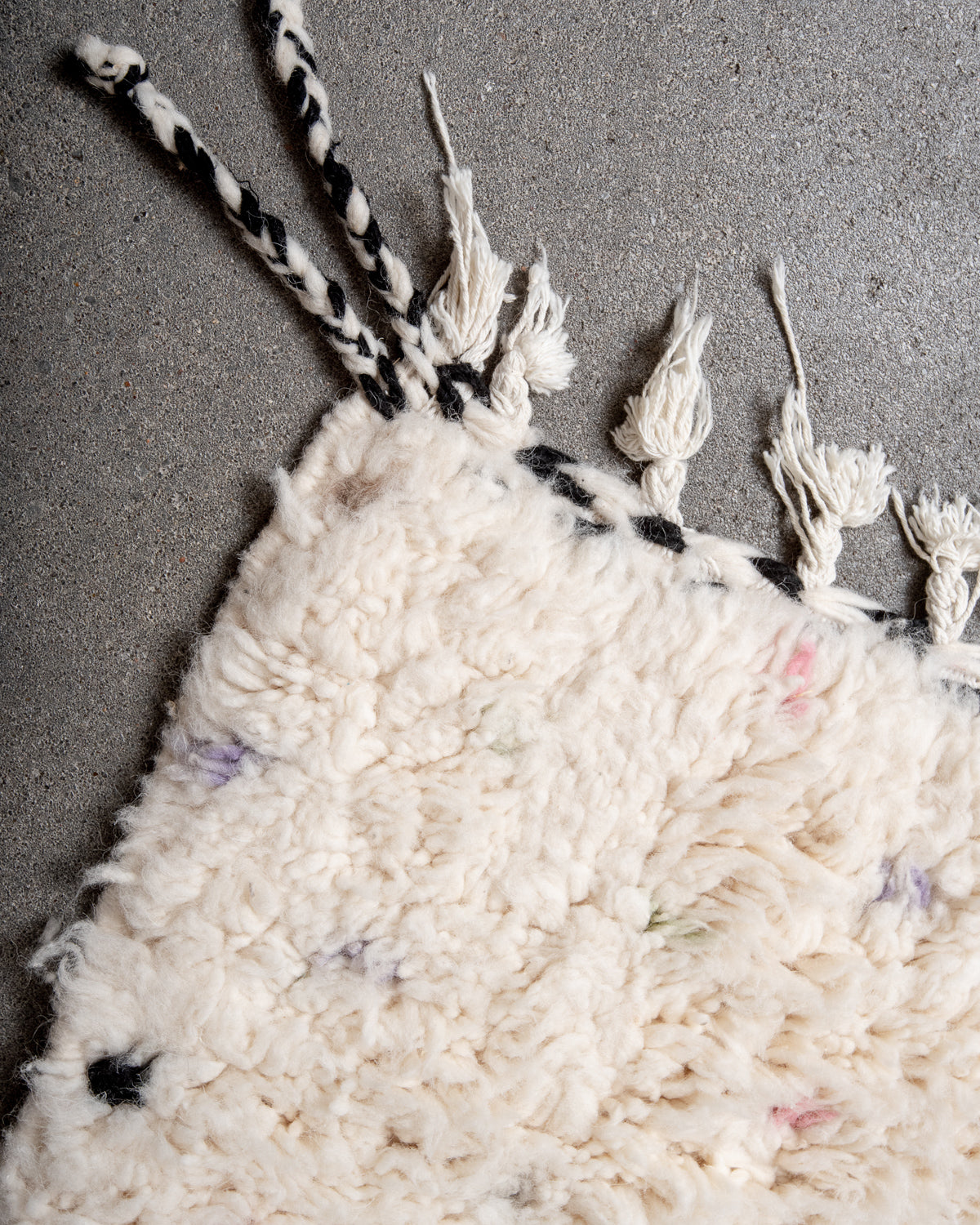 Modern, designer, handcrafted Berber rug from Morocco. Beniourain carpet with beautiful colours and patterns and fluffy wool texture.